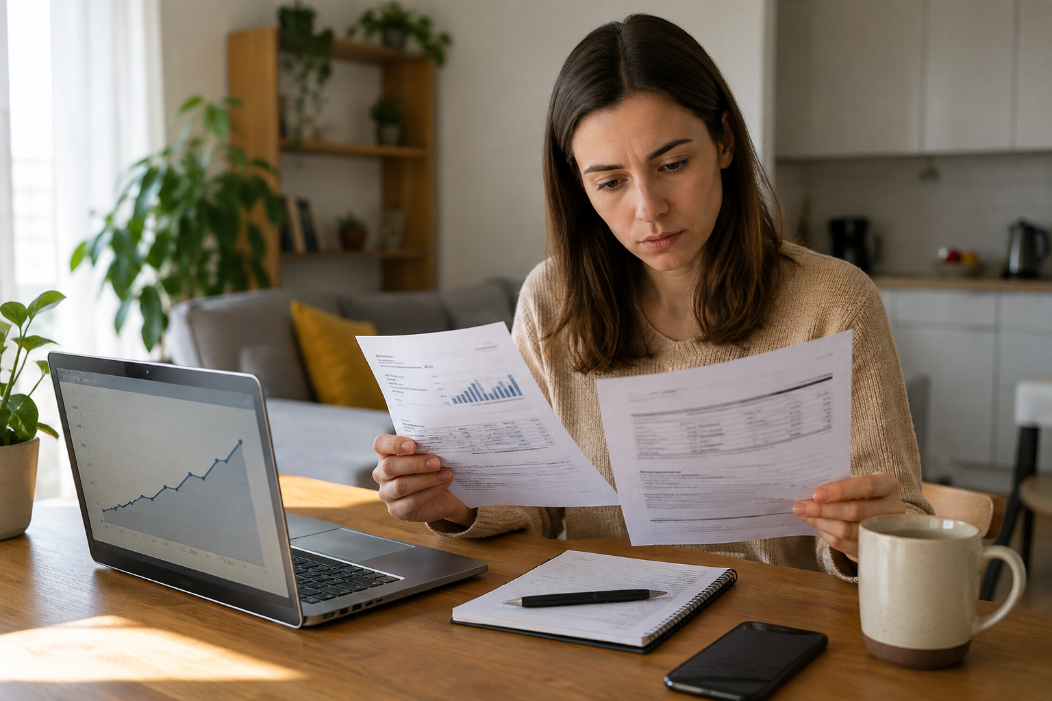 Renter reviewing her utility and phone bills next to a laptop showing a rising credit score