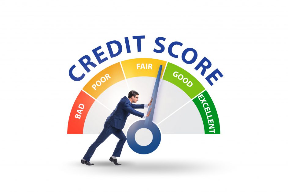 man pushing needle on credit score higher from fair to good