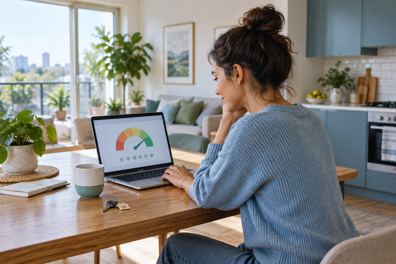 Renter checking her credit score on a laptop at home