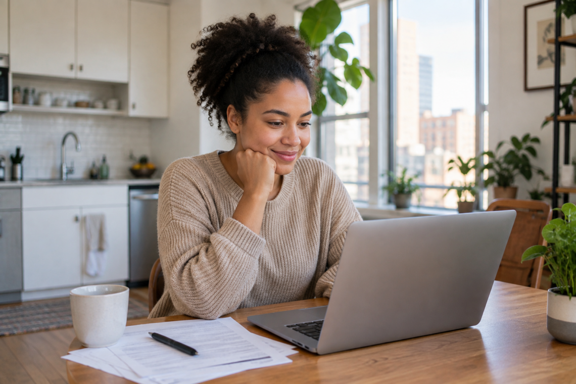 Renter reviewing her rent payments and credit report on a laptop at home