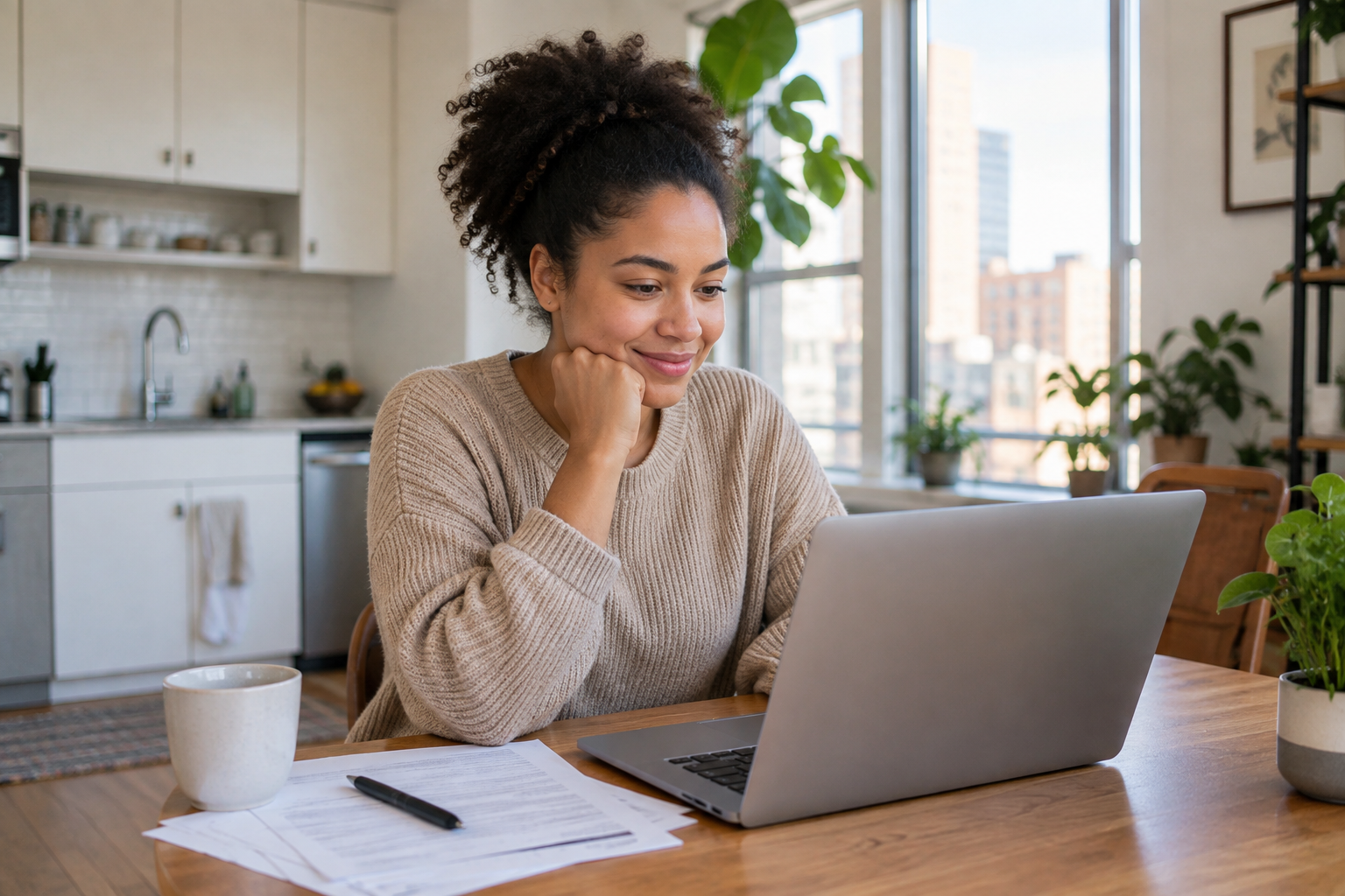Renter reviewing her rent payments and credit report on a laptop at home